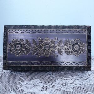 Purple Carved Polish Wooden Jewelry Flowers Floral Black Rectangle Trinket Hinge